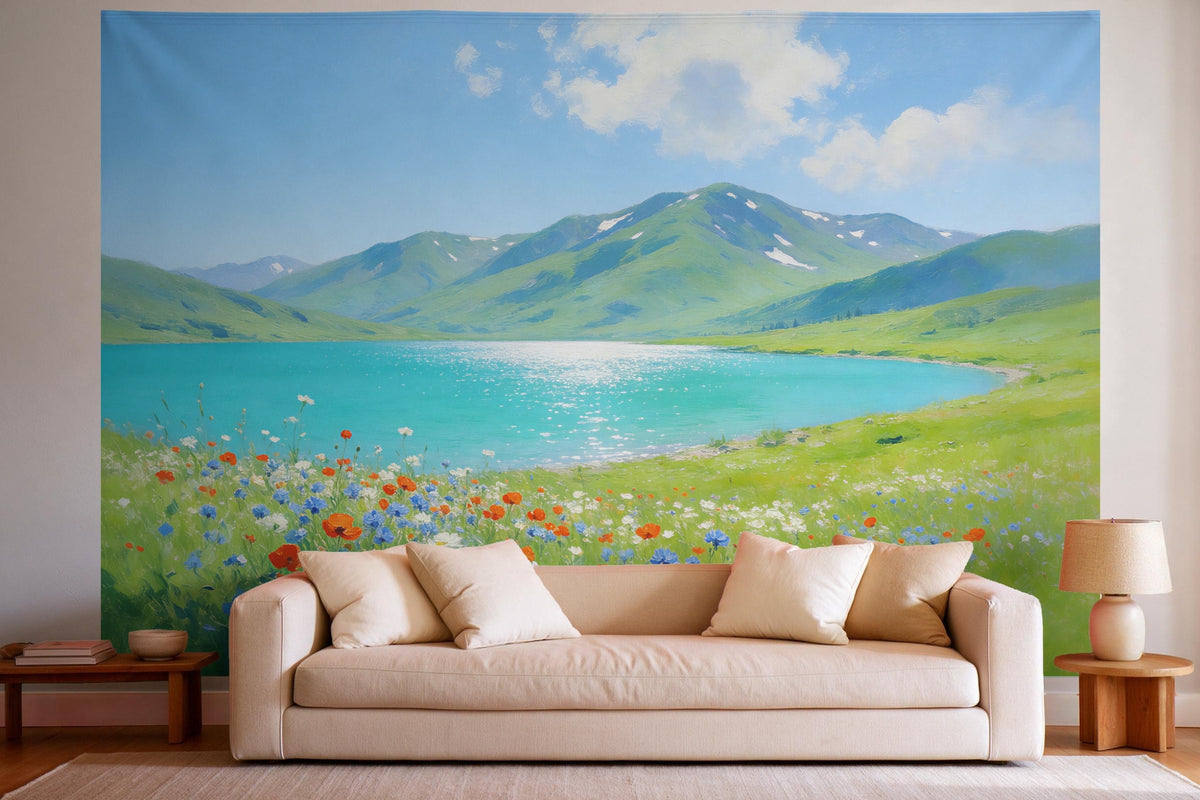 XXL wall tapestry Mountain Lake with Summer Flowers as wall decor in a bright living room above the sofa