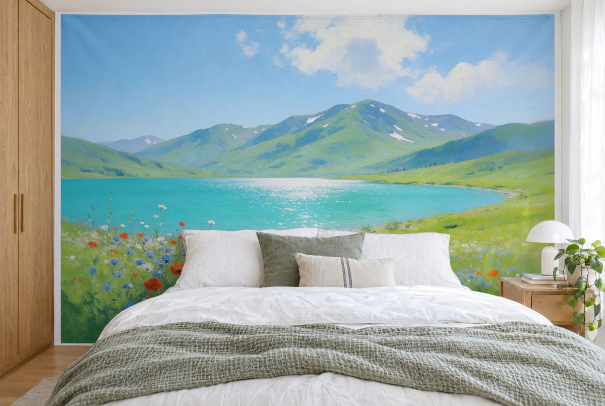 Bedruckter Stoff im XXL-Format: glitzernder türkiser Bergsee vor grünen Bergen, wandfüllend hinter dem Doppelbett