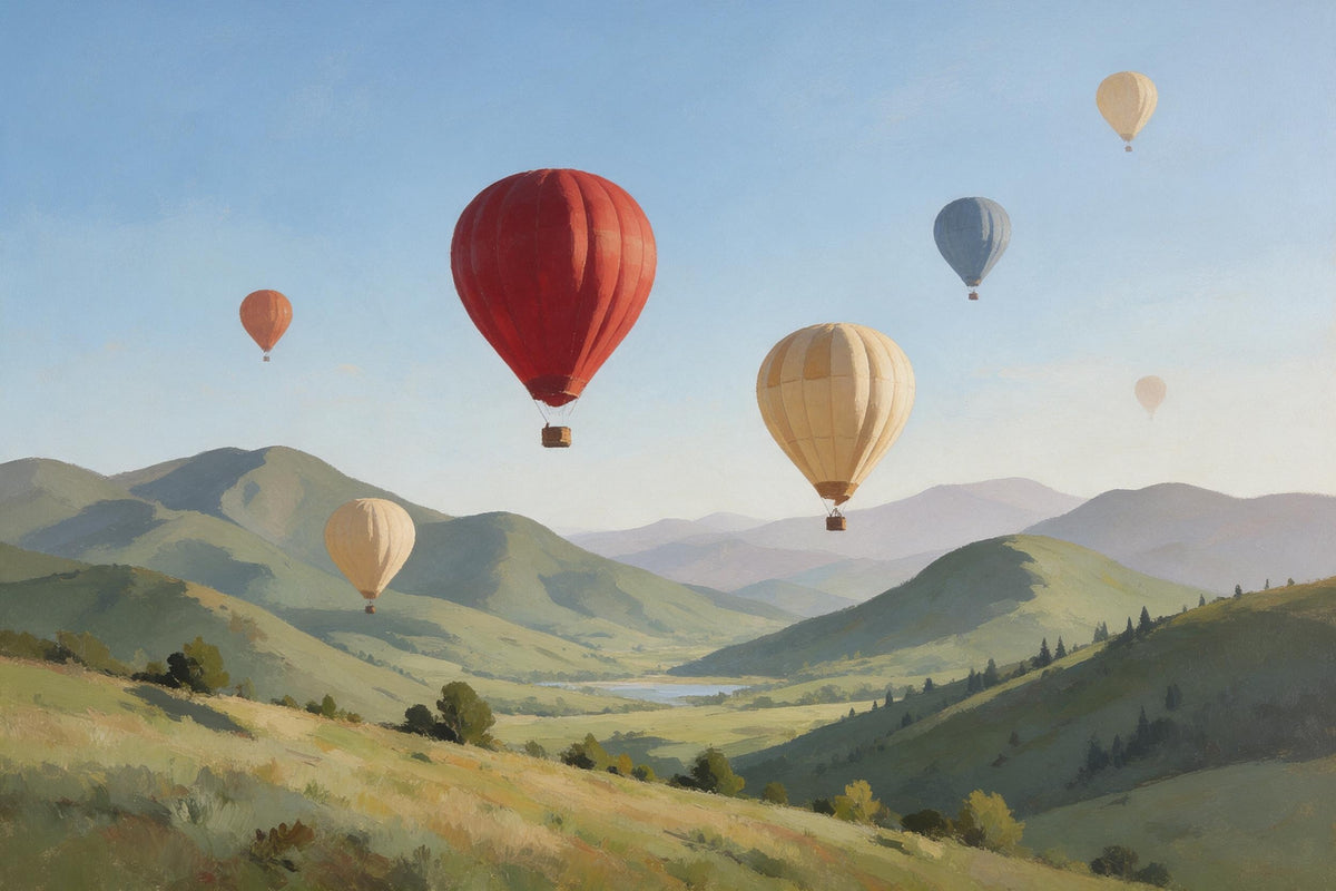 Hot air balloons over green mountains, red balloon left of centre, tapestry printed on fabric – blue, green and red
