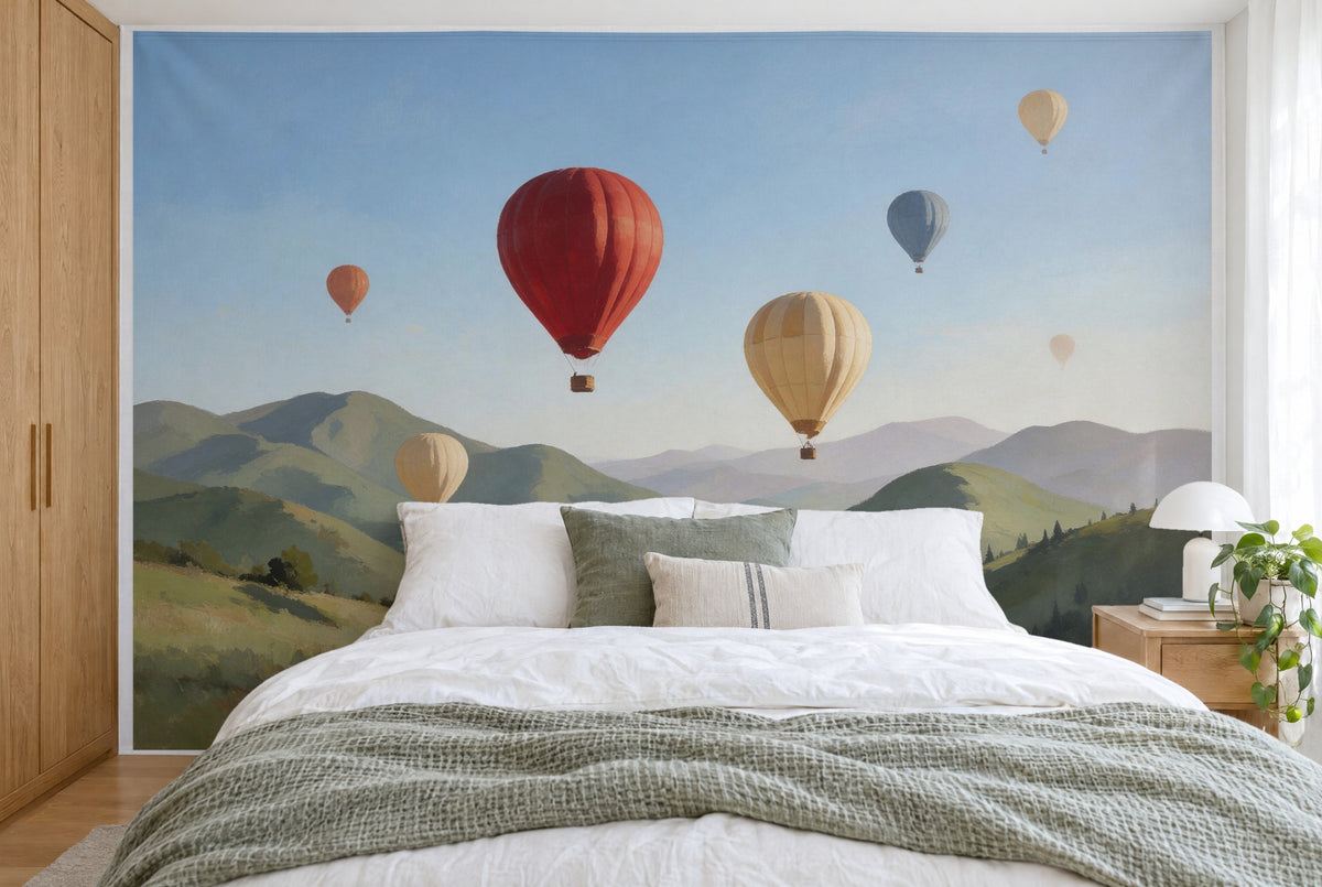 XXL printed fabric: red hot air balloon left of centre, balloons over hills, filling the wall behind the bed