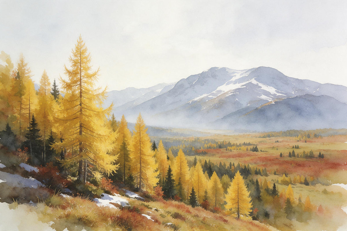 Goldene Lärchen links am Hang über dem Herbsttal, rechts verschneite Berge, als Wandtuch, auf Stoff gedruckt – Gold und Blau
