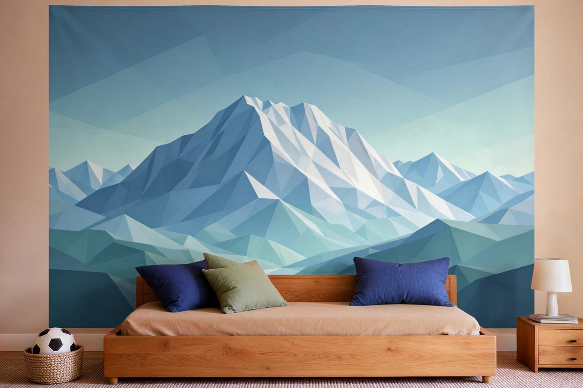 Déco murale dans une chambre de garçon : tenture murale Montagnes low poly, imprimée sur tissu