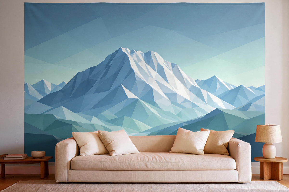 Tenture murale XXL Montagnes low poly en déco murale dans un salon lumineux au-dessus du canapé