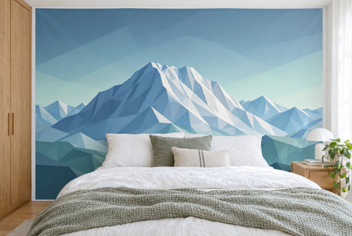 Tela impresa XXL: macizo low poly nevado por encima de colinas verdeazuladas, cubriendo la pared tras la cama doble