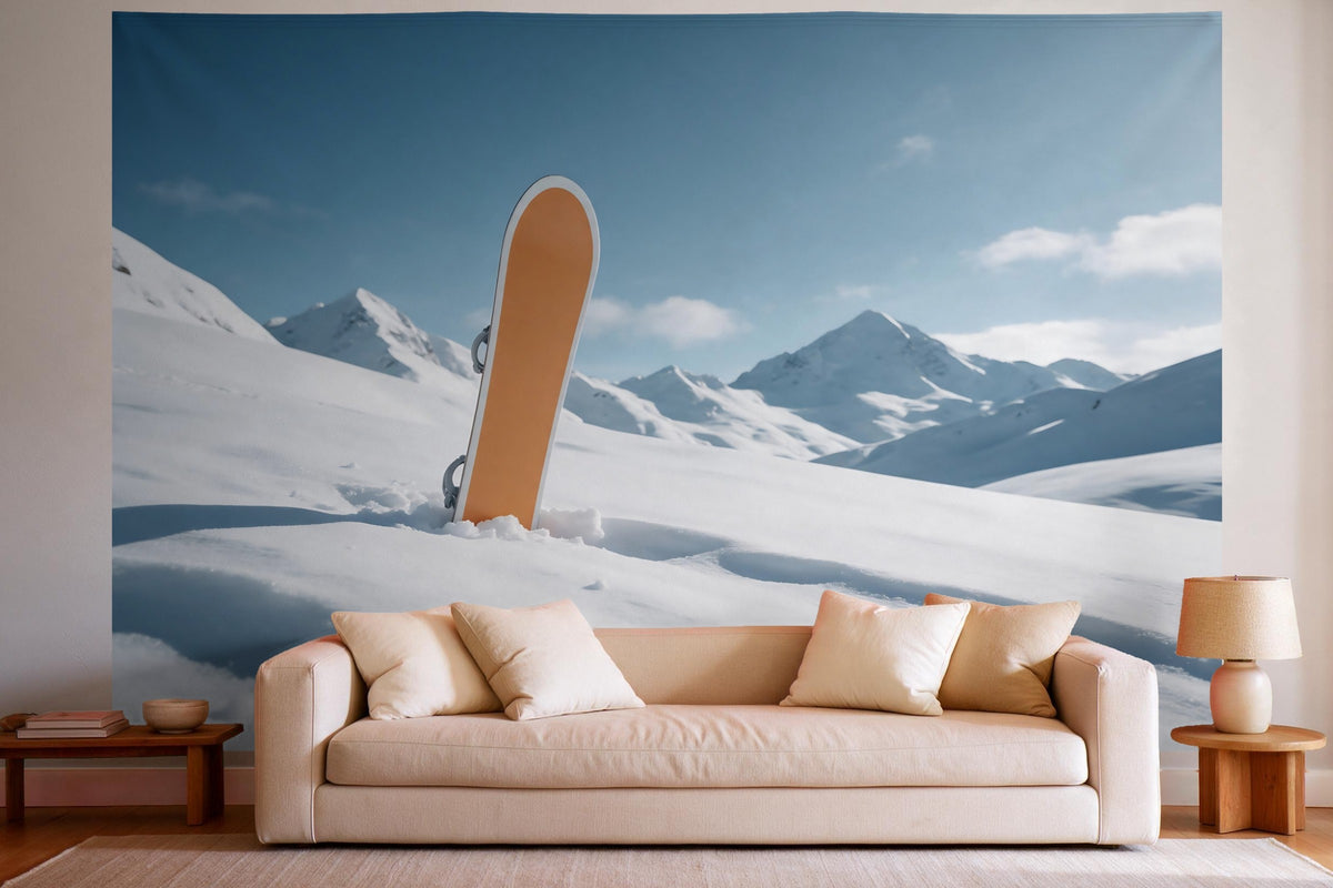 Wall decor in a bright living room above the sofa: printed fabric tapestry Snowboard in Deep Snow