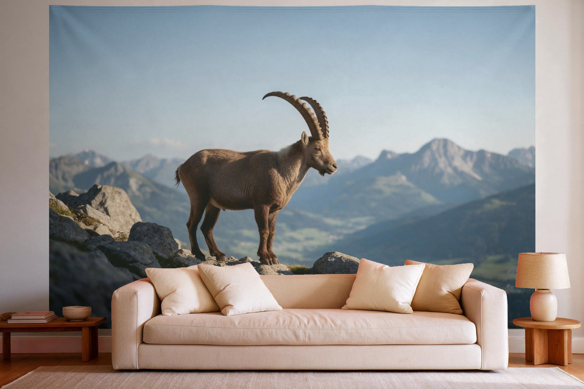XXL wall tapestry Ibex on the Rocky Ridge as wall decor in a bright living room above the sofa