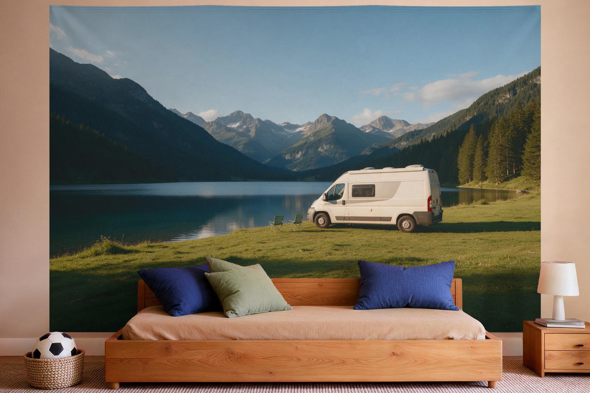 Wall decor in a boys' bedroom: printed fabric tapestry Camper Van at a Mountain Lake