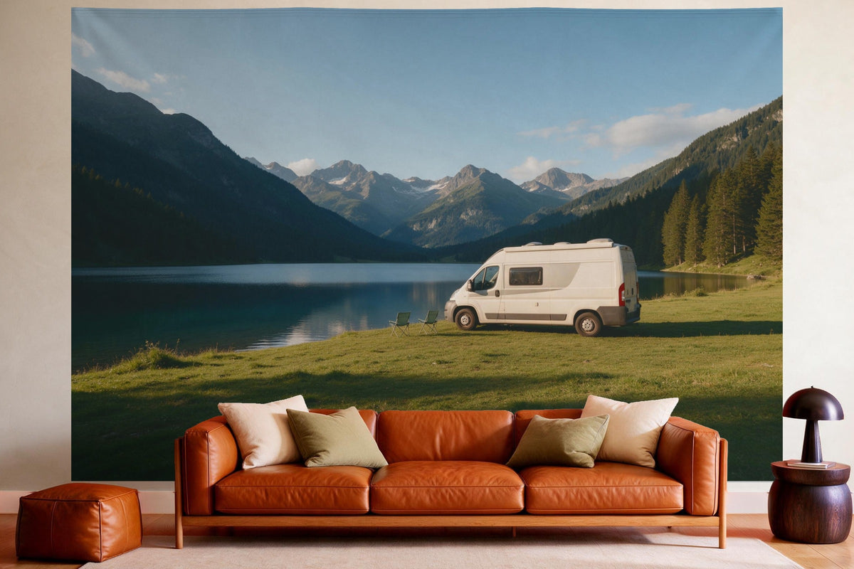 XXL wall tapestry Camper Van at a Mountain Lake as wall decor in a cosy living room above the leather sofa