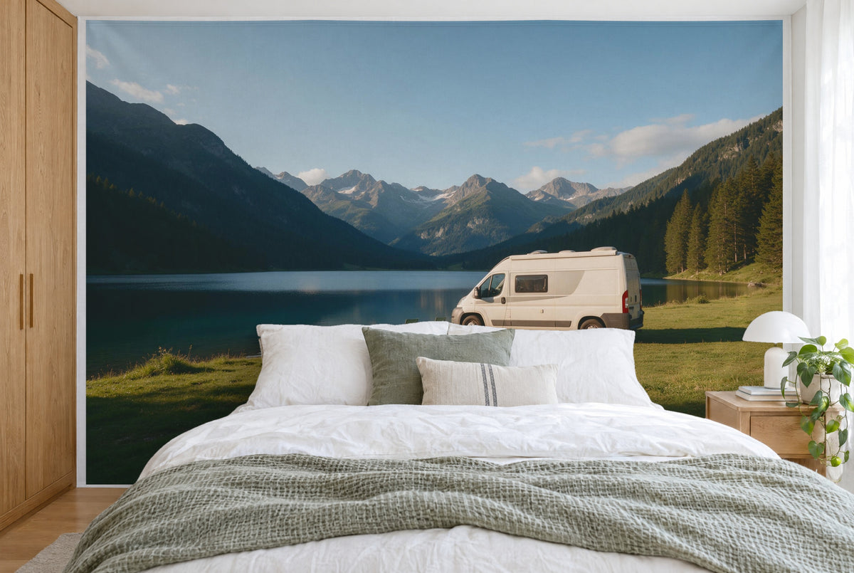 XXL printed fabric: white camper on the right at the lakeshore, fir trees and peaks behind, filling the wall behind the bed