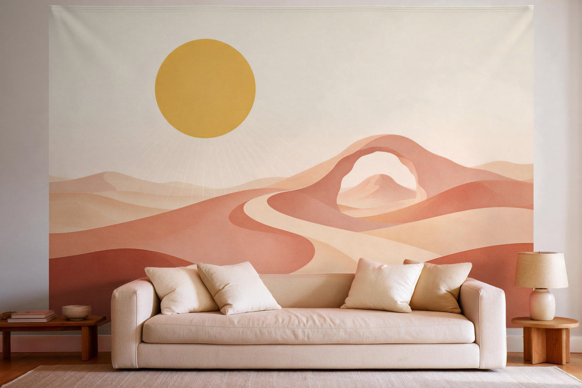 Tenture murale XXL avec un soleil bohème sur les arches du désert en déco murale dans un salon lumineux au-dessus du canapé