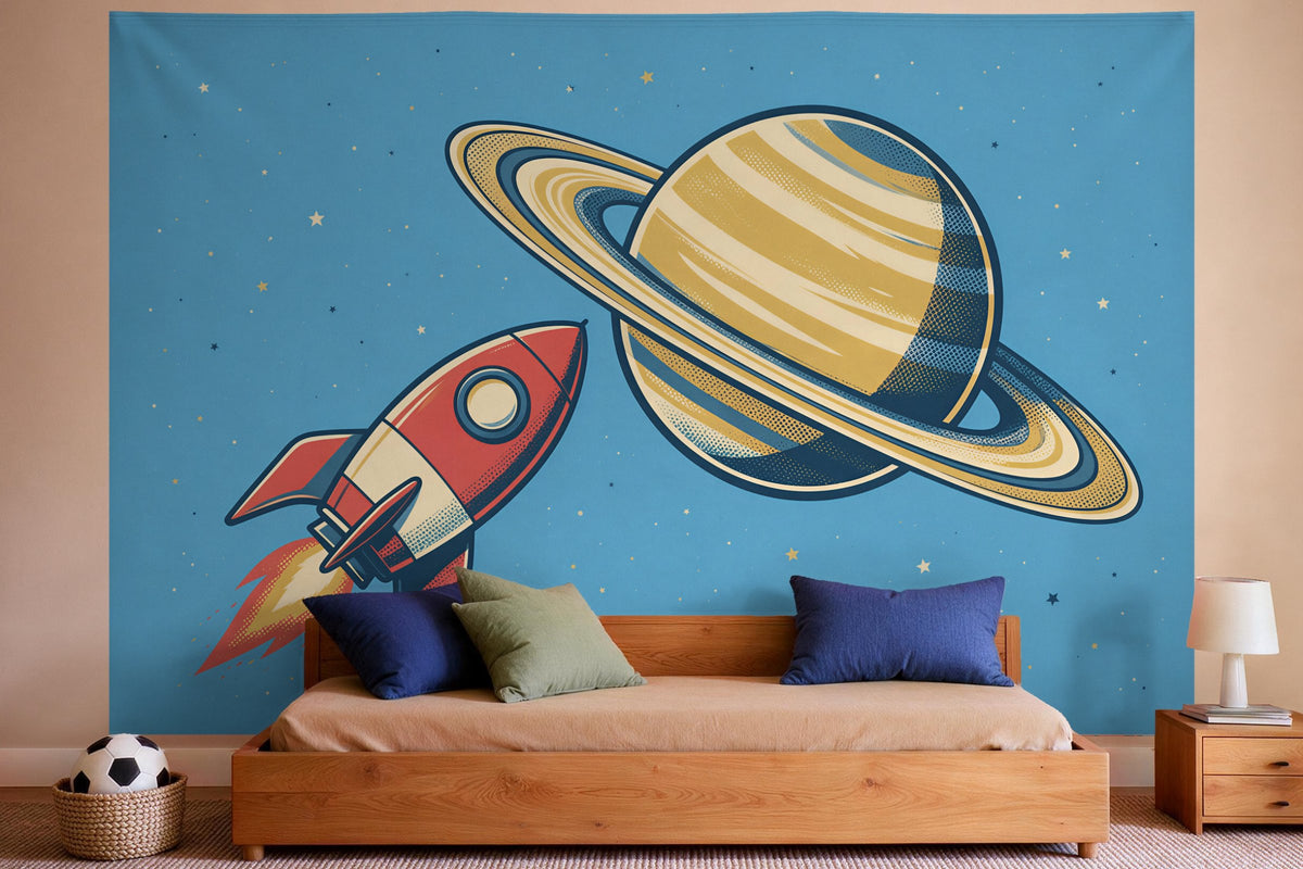 Wandtuch XXL mit Comic-Rakete im Weltall als Wanddeko im Jungen-Kinderzimmer