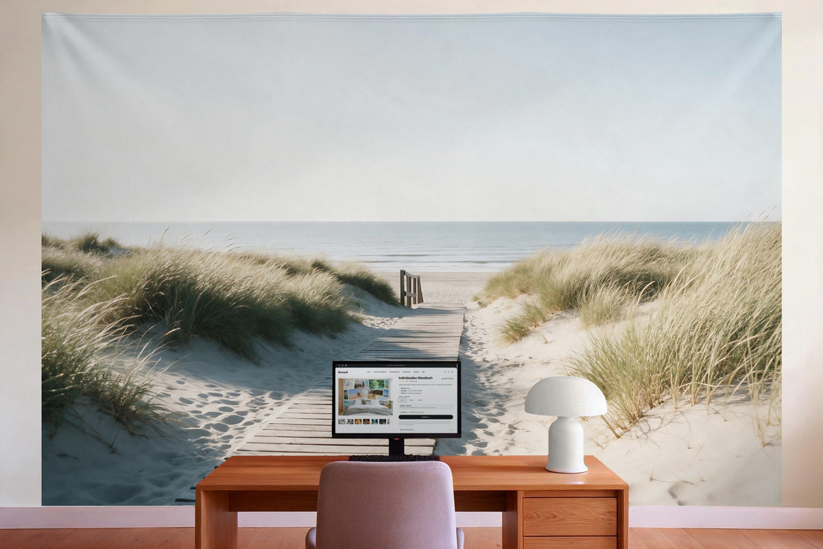 Decoración de pared en la oficina detrás del escritorio: tapiz de tela con sendero de dunas hacia la playa