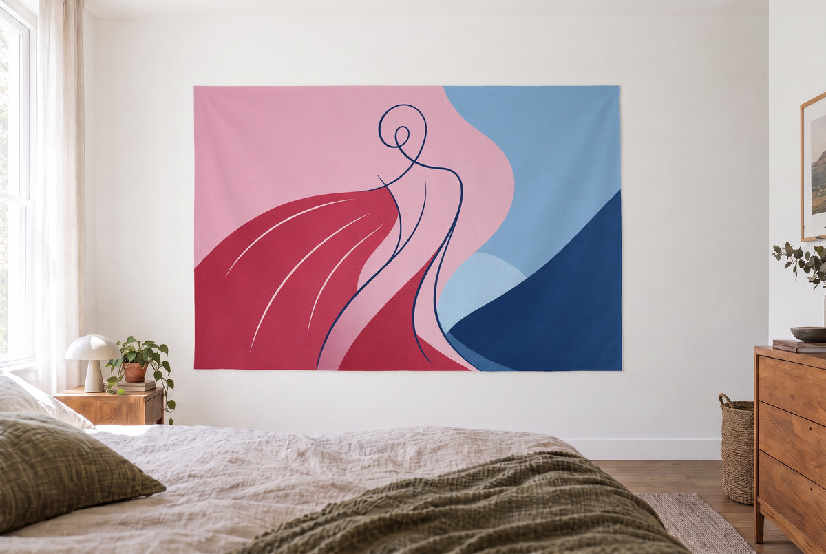 Tenture murale silhouette féminine abstraite dans la chambre claire face au lit, commode en bois à droite – rose et bleu