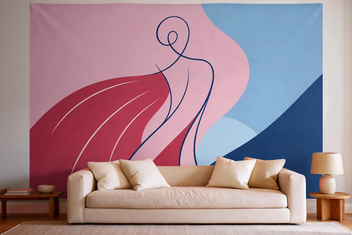 Wall decor in a bright living room above the sofa: printed fabric tapestry Abstract Female Silhouette