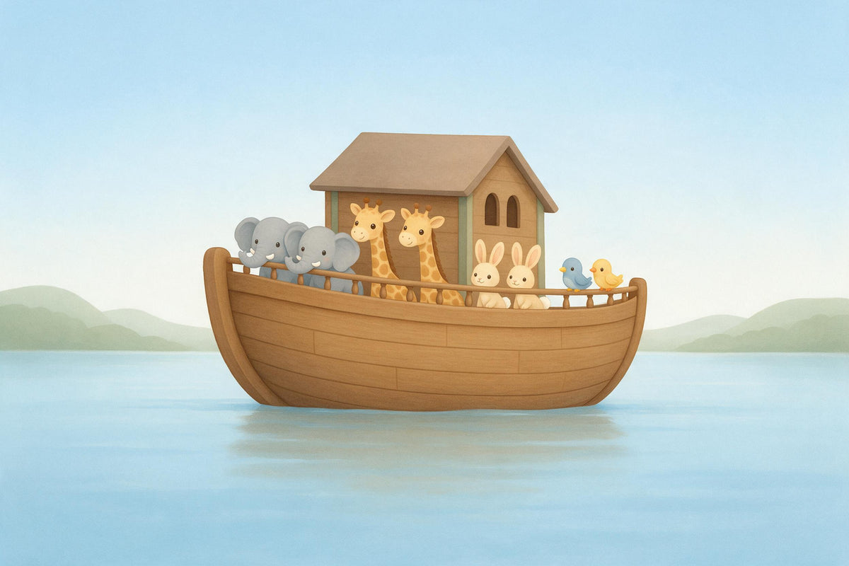 Wooden ark with elephants, giraffes, bunnies and birds on calm water, tapestry printed on fabric – brown and blue
