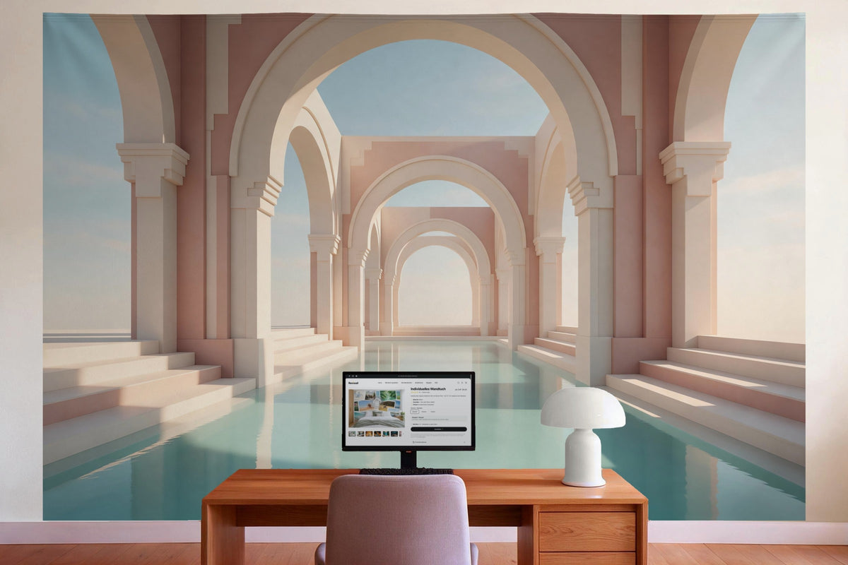 Wandtuch XXL Art-Deco-Bögen mit Pool als Wanddeko im Büro hinter dem Schreibtisch