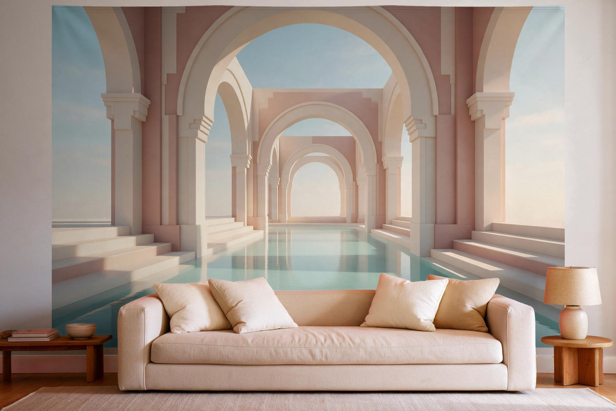 Wanddeko im hellen Wohnzimmer über dem Sofa: Wandtuch Art-Deco-Bögen mit Pool, auf Stoff gedruckt