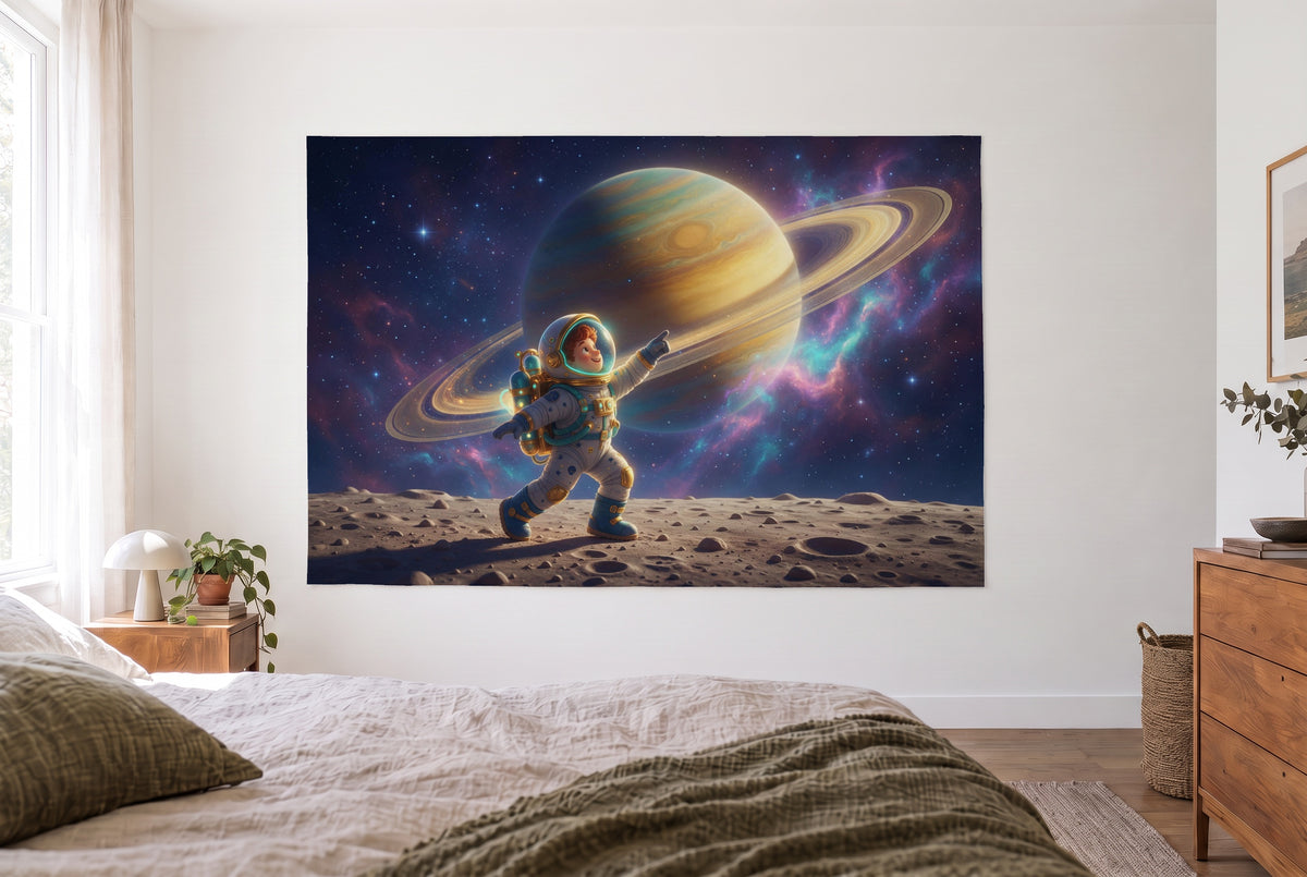 Tenture aventure spatiale : astronaute sur la lune dans la chambre claire face au lit, commode en bois à droite