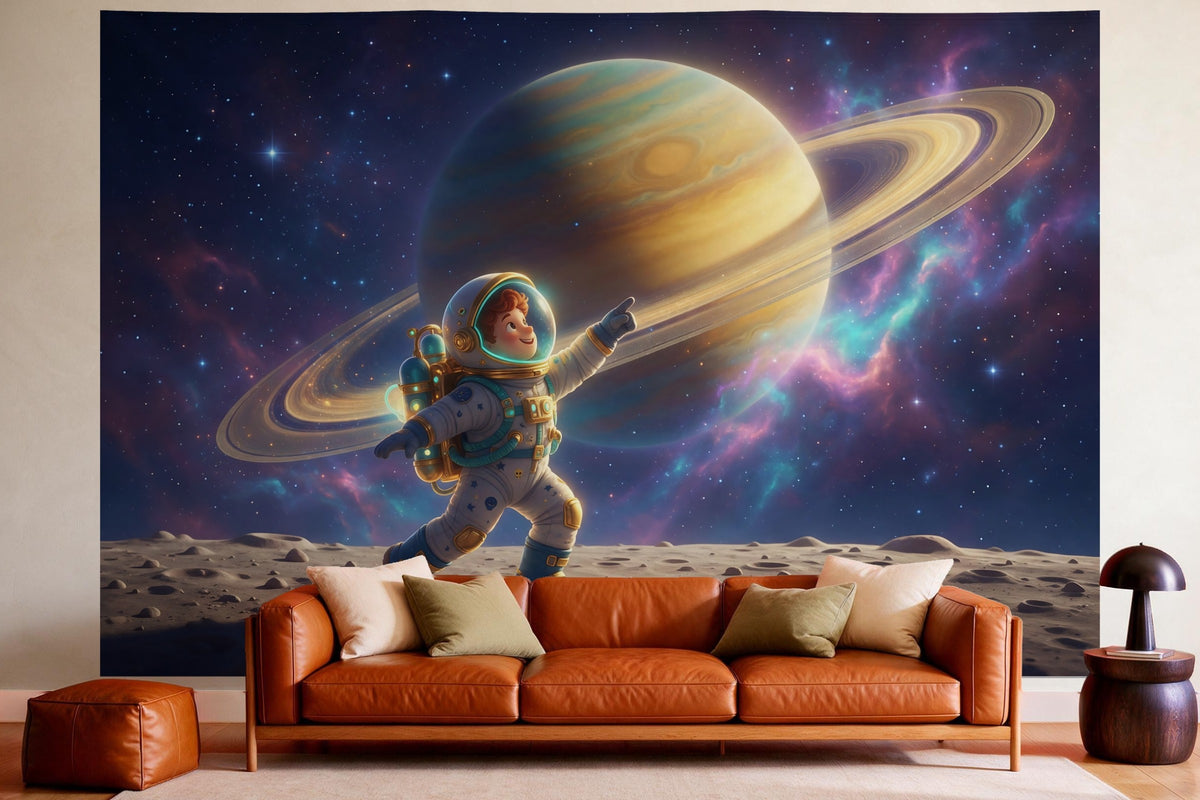 Déco murale dans un salon chaleureux au-dessus du canapé en cuir : tenture murale Aventure spatiale : astronaute sur la lune, imprimée sur tissu