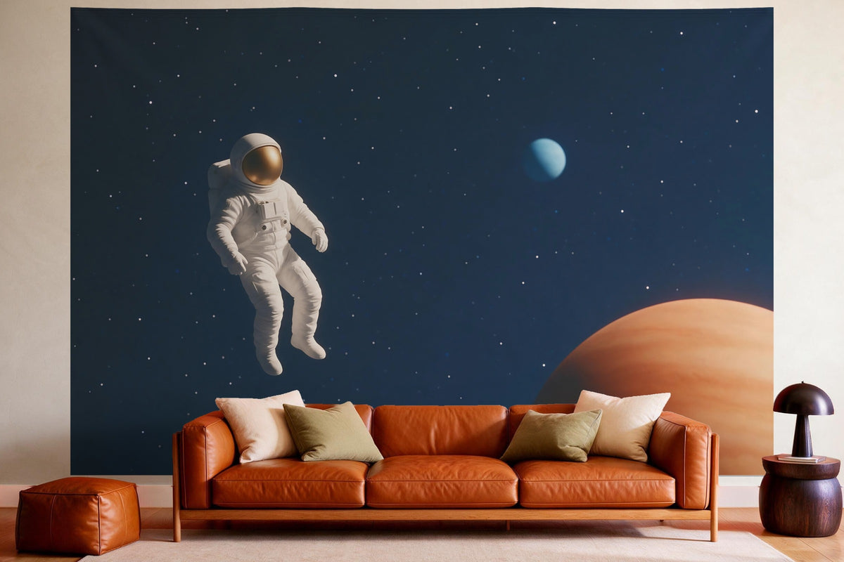 Wanddeko im gemütlichen Wohnzimmer über dem Ledersofa: Wandtuch Astronaut im Weltall, auf Stoff gedruckt