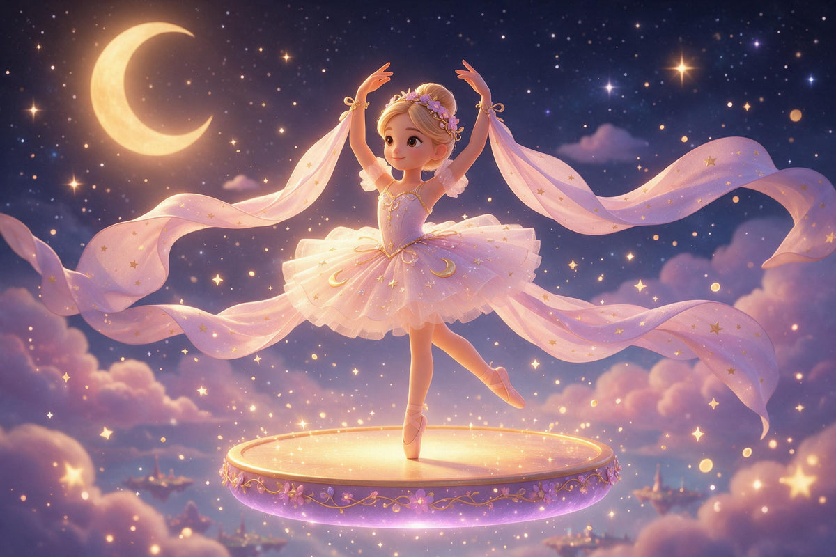 Ballerine en tutu rose avec voiles étoilés sur une scène lumineuse, tenture murale imprimée sur tissu – rose et or