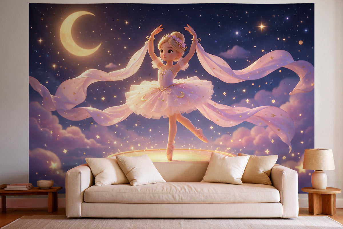 Déco murale dans un salon lumineux au-dessus du canapé : tenture murale Ballerine sur la scène étoilée, imprimée sur tissu