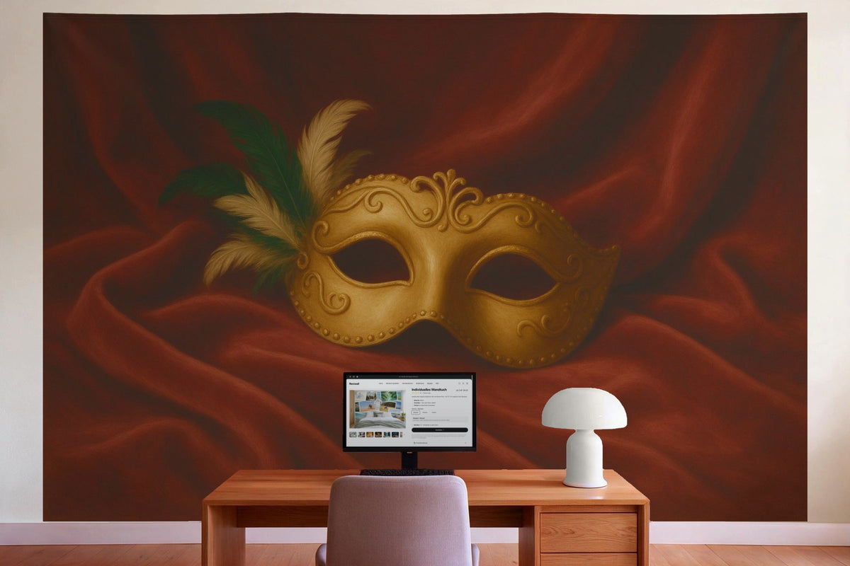Wanddeko im Büro hinter dem Schreibtisch: Wandtuch Goldene Ballmaske auf Samt, auf Stoff gedruckt