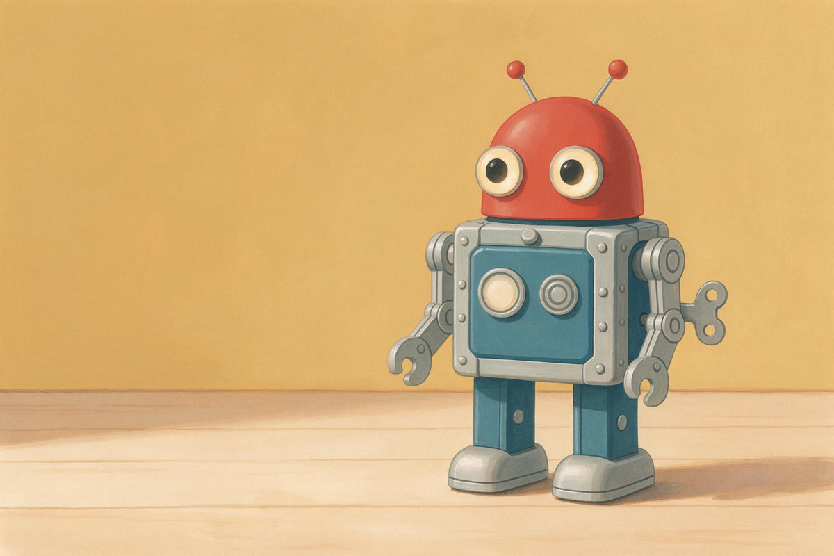 Robot de hojalata con cabeza roja y cuerpo azul a la derecha sobre el suelo, tapiz impreso en tela – rojo, amarillo y azul