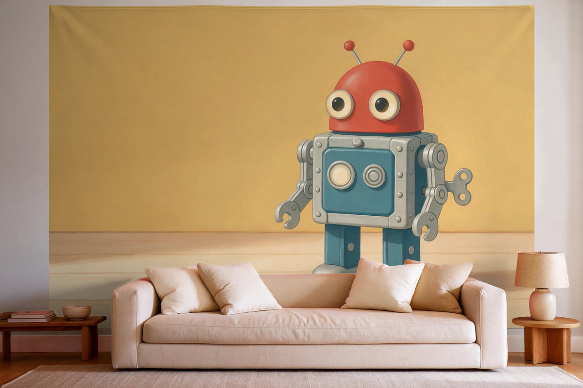 Wanddeko im hellen Wohnzimmer über dem Sofa: Wandtuch Blechroboter im Retro-Stil, auf Stoff gedruckt