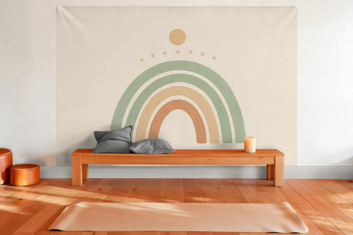 Wall decor in a yoga room: printed fabric tapestry Boho Arches with Sun