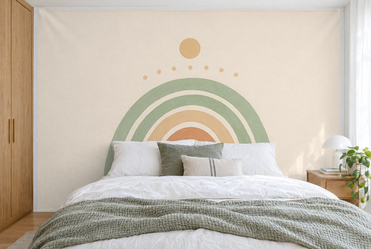 Large wall hanging Boho Arches with Sun in the bedroom, wall-filling behind the bed – printed tapestry