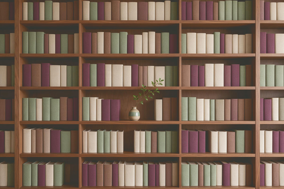 Bücherregal mit schlichten Leinen-Buchrücken und Vase mit Zweig, als Wandtuch, auf Stoff gedruckt – Braun und Grün