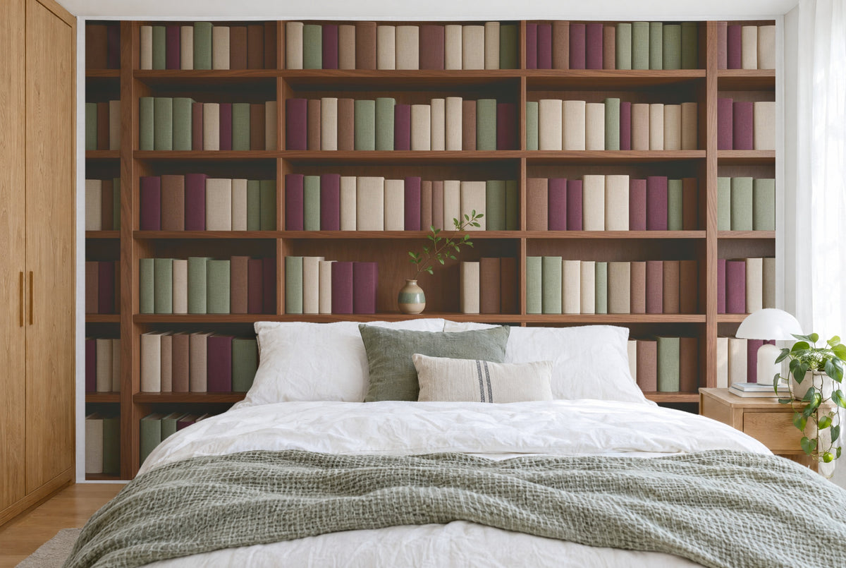 Bedruckter Stoff im XXL-Format: Holzregal mit Buchrücken und Vase mit Zweig, wandfüllend hinter dem Bett