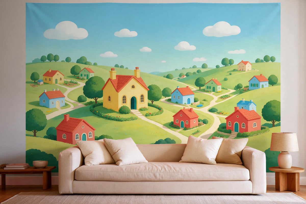 XXL wall tapestry Colourful Town of Houses on Green Hills as wall decor in a bright living room above the sofa