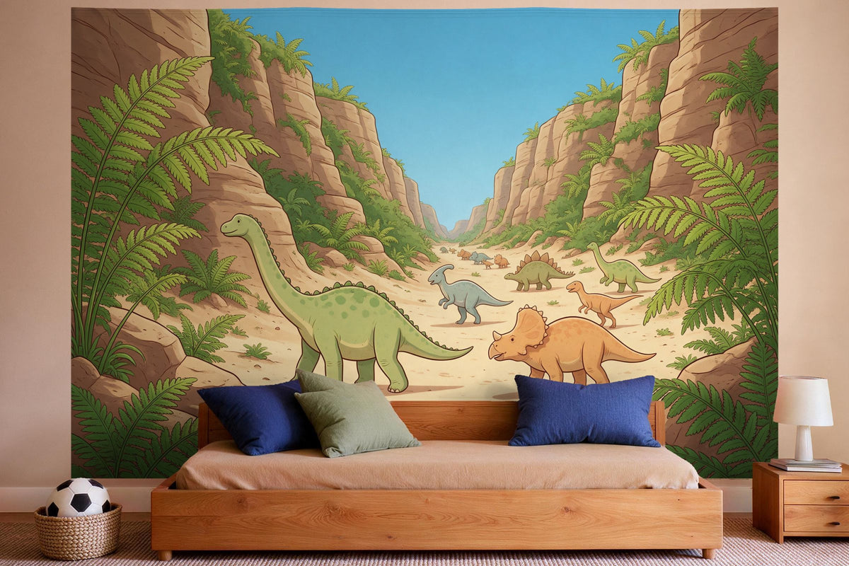 Tapiz de pared XXL Desfile de dinosaurios por un cañón de helechos como decoración en un dormitorio de niño