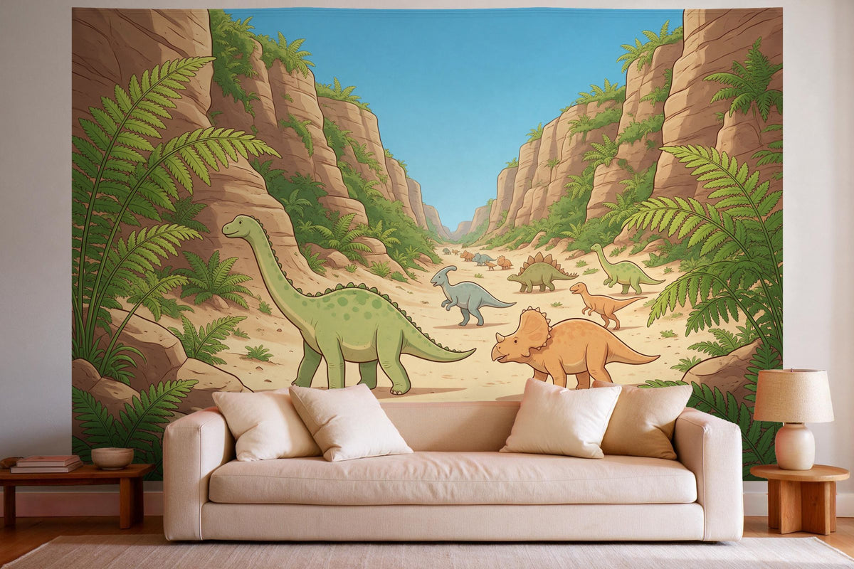 Decoración de pared en un salón luminoso sobre el sofá: tapiz de tela Desfile de dinosaurios por un cañón de helechos