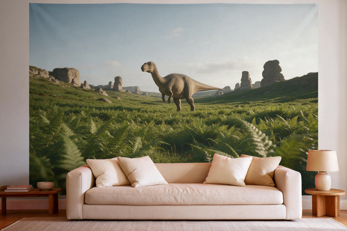 Wanddeko im hellen Wohnzimmer über dem Sofa: Wandtuch Dinosaurier im Farntal, auf Stoff gedruckt