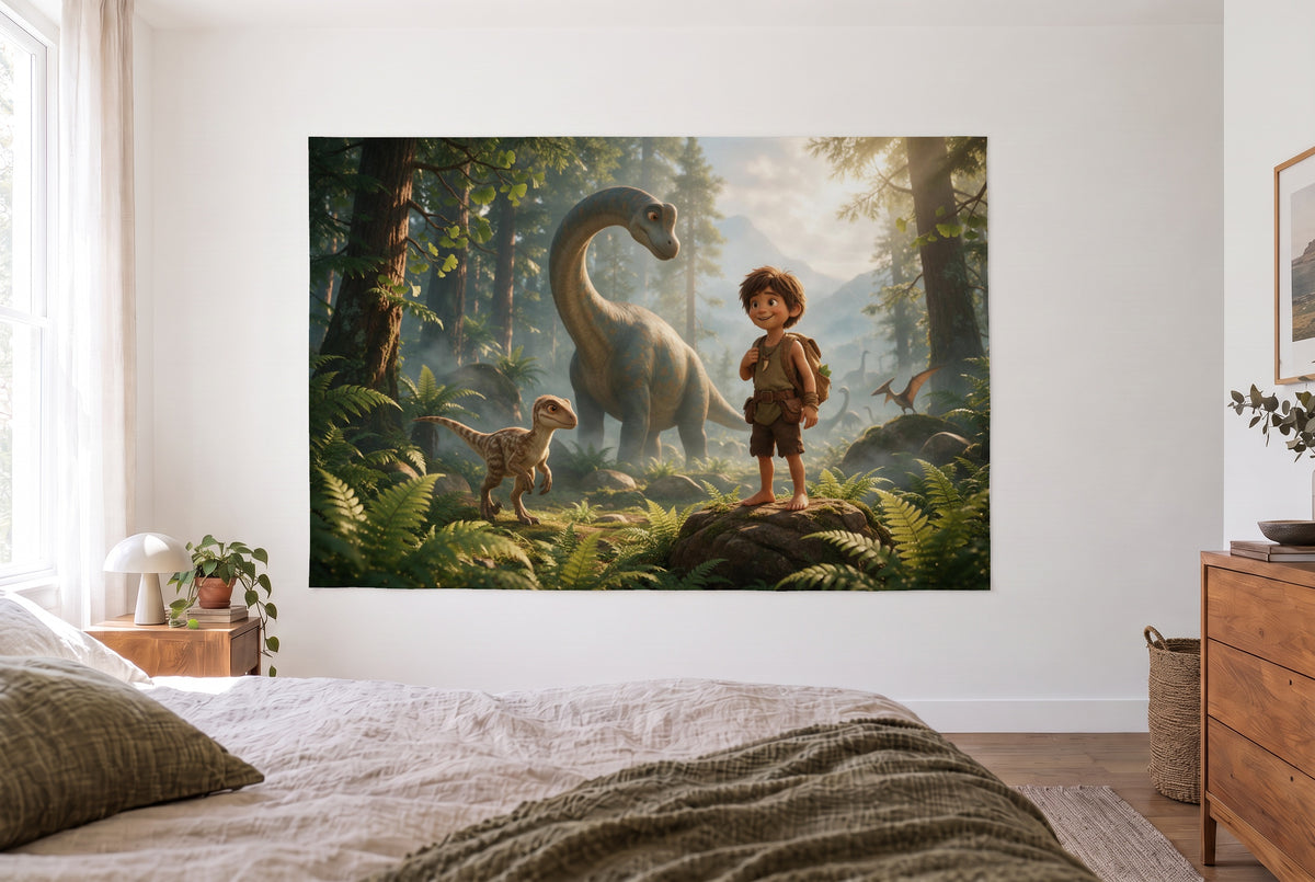 Wandtuch Dino-Abenteuer im Nebelwald im hellen Schlafzimmer gegenüber dem Bett, rechts eine Holzkommode – Grün und Gold