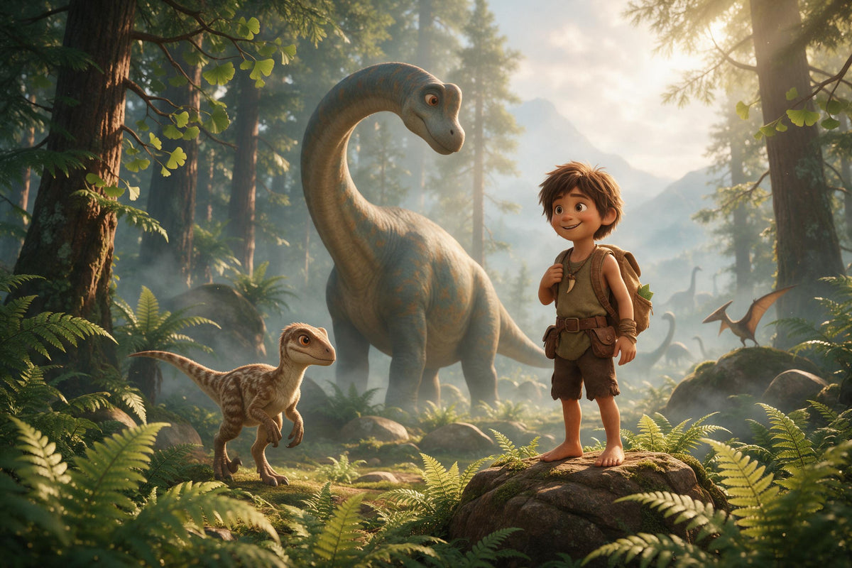 Brachiosaurus und kleiner Dinosaurier mit mutigem Jungen auf einem Felsen im Nebelwald, als Wandtuch, auf Stoff gedruckt