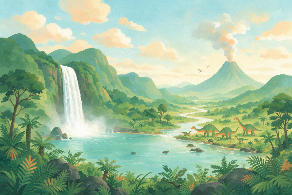 Dinosaurier-Tal mit Wasserfall und Vulkan, Dinos am Fluss, als Wandtuch, auf Stoff gedruckt – Grün und Orange