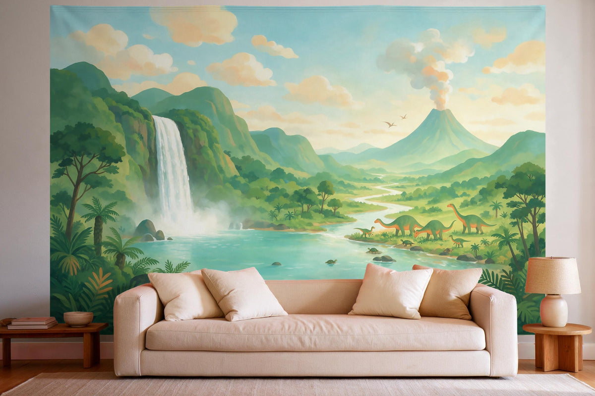 Decoración de pared en un salón luminoso sobre el sofá: tapiz de tela Valle de dinosaurios con cascada y volcán