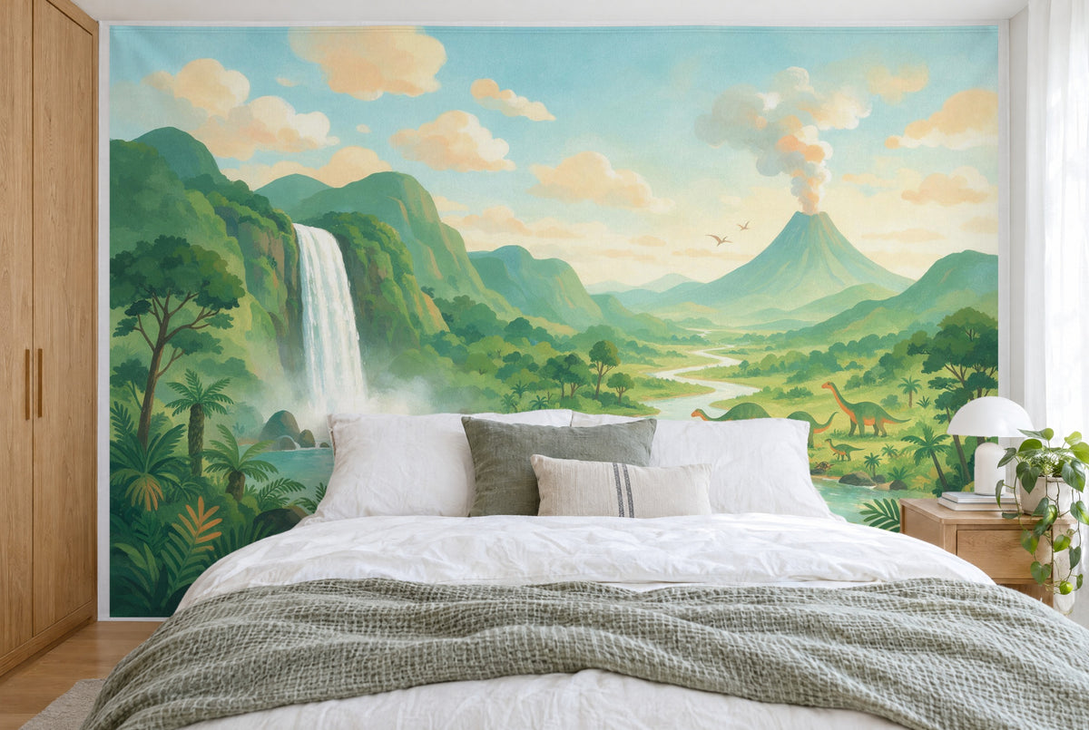 Bedruckter Stoff im XXL-Format: Dinosaurier am Flussufer mit Wasserfall und Vulkan, wandfüllend hinter dem Bett