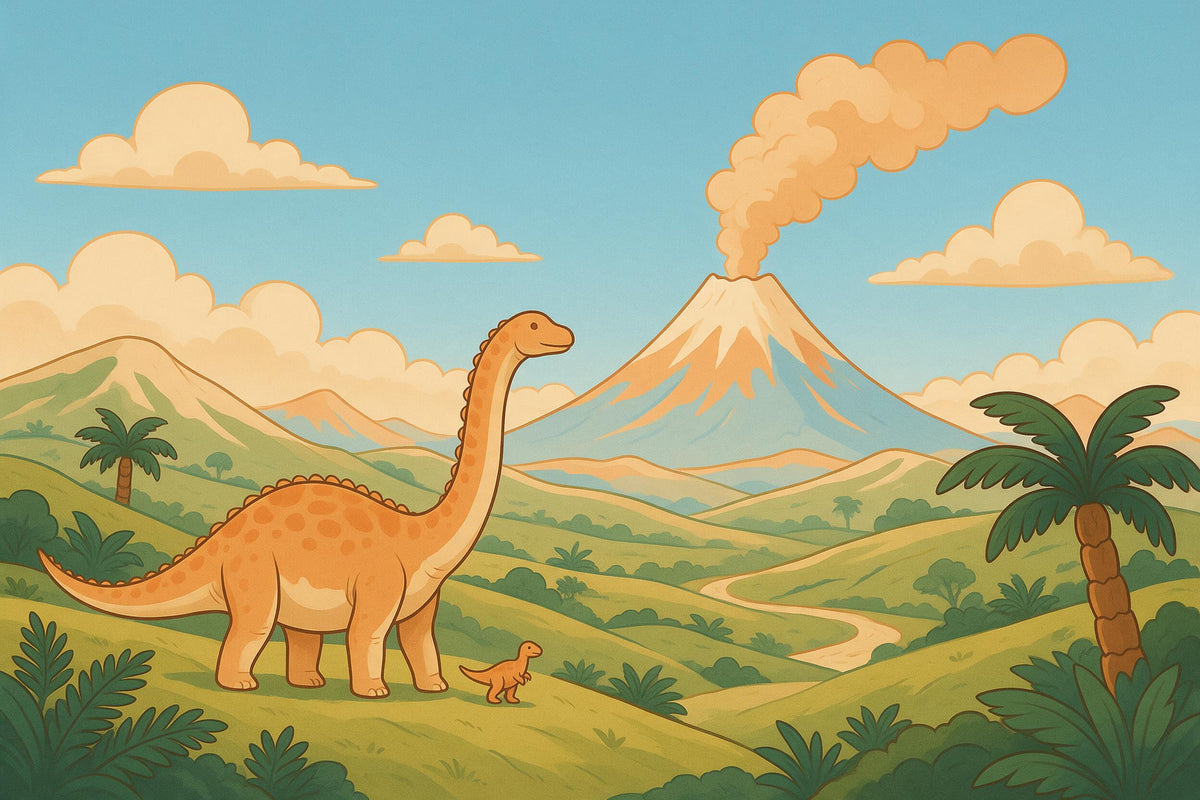 Dinosaurier vor rauchendem Vulkan in Comic-Hügeln als Wandtuch, auf Stoff gedruckt – Orange und Grün