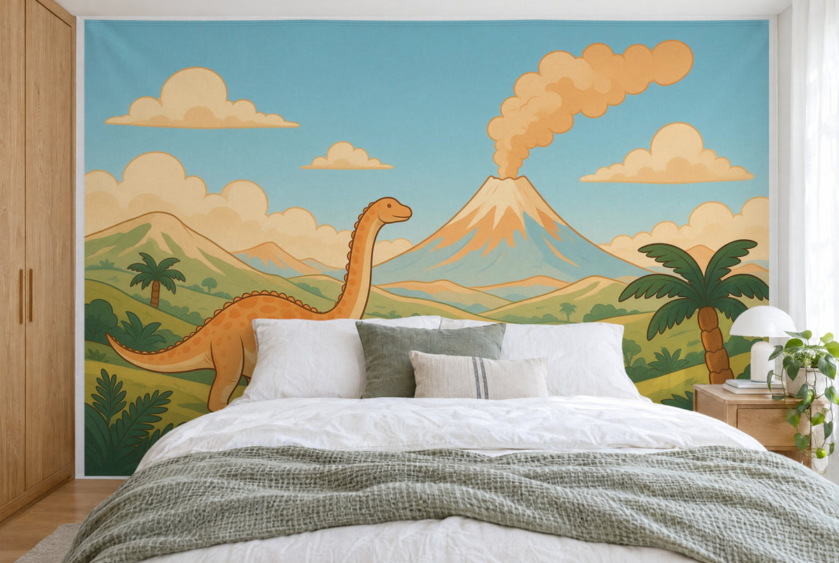 Bedruckter Stoff im XXL-Format: grosser orangener Dinosaurier links vor dem Vulkan, wandfüllend hinter dem Bett