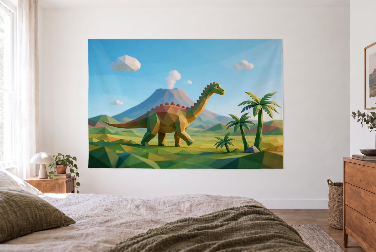 Wandtuch Dinosaurier am Vulkan im hellen Schlafzimmer gegenüber dem Bett, rechts eine Holzkommode – Grün, Orange und Blau