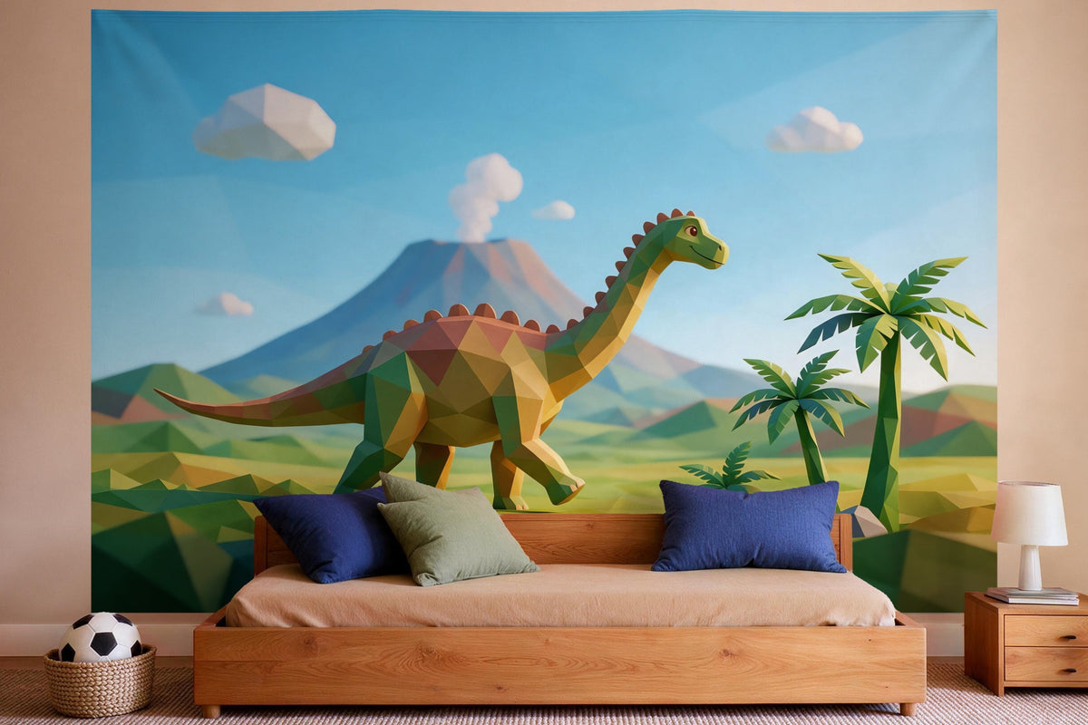 Tapiz de pared XXL Dinosaurio junto al volcán como decoración en un dormitorio de niño