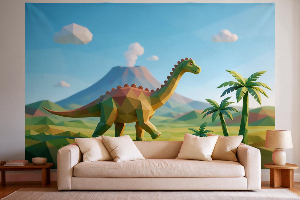 Decoración de pared en un salón luminoso sobre el sofá: tapiz de tela Dinosaurio junto al volcán