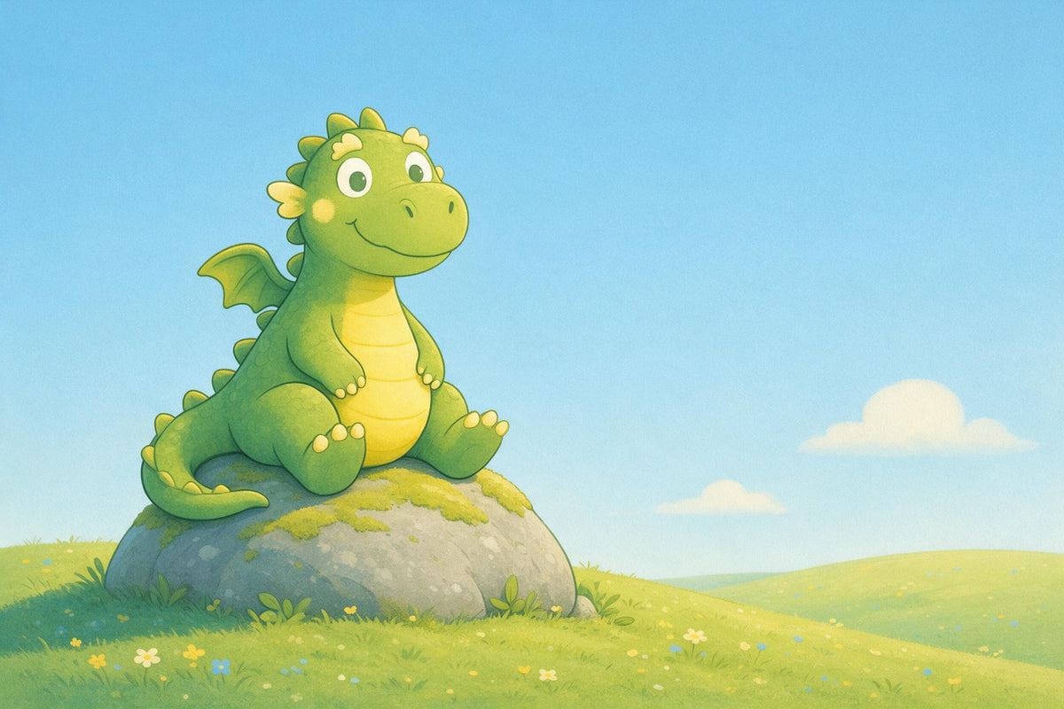 Dragon vert sur un rocher moussu à gauche devant une colline et le ciel, tenture murale imprimée sur tissu – vert et bleu