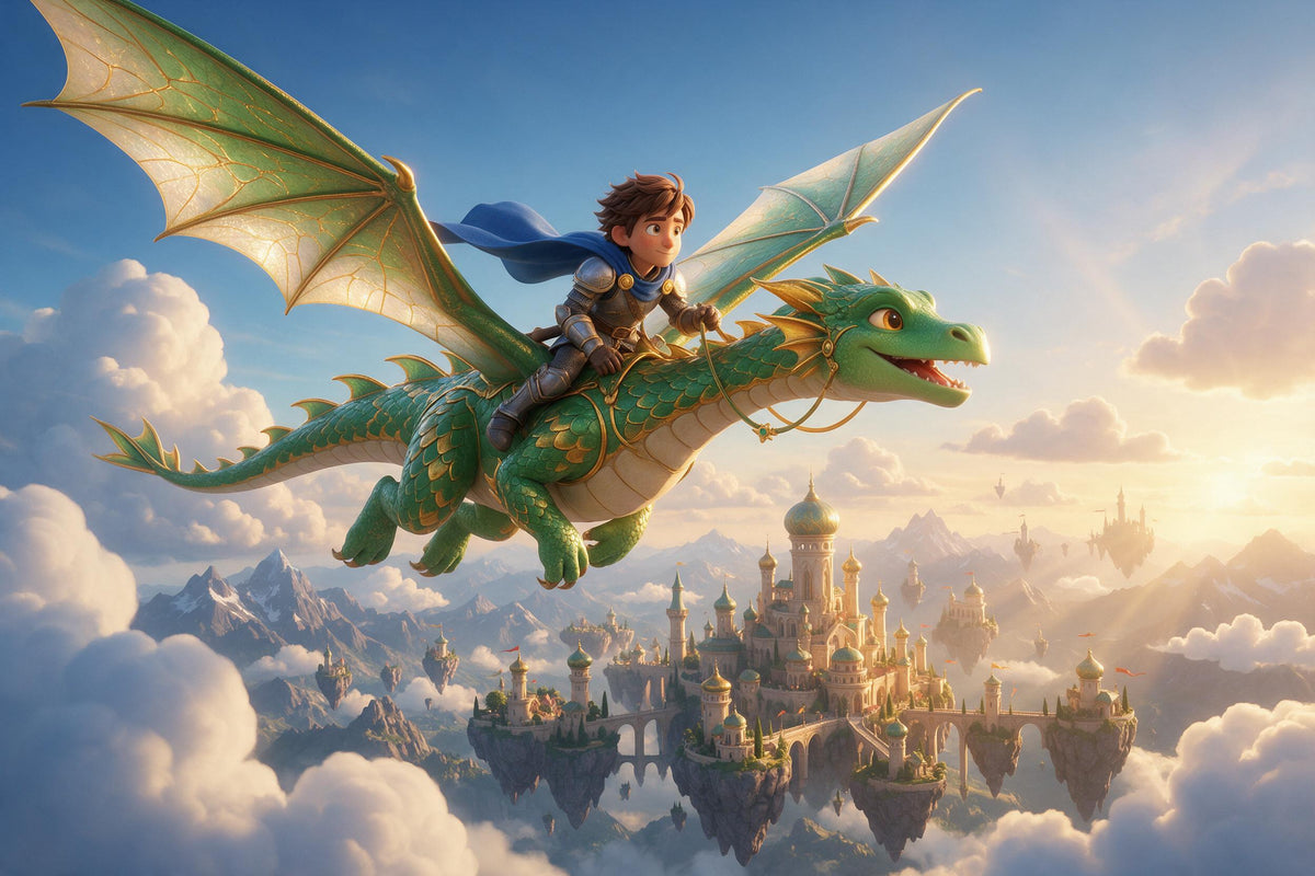 Garçon en armure sur un dragon vert au-dessus d'une cité flottante, tenture murale imprimée sur tissu – vert et bleu