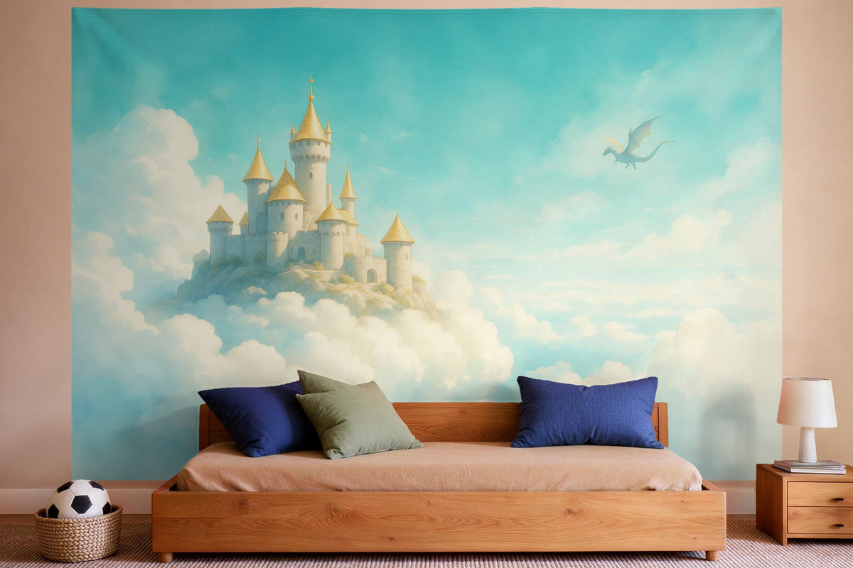 Tapiz de pared XXL Castillo en las nubes al mediodía como decoración en un dormitorio de niño